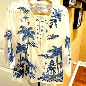 JOHNNY WAS WORKSHOP COTTON BLOUSE WITH EMBROIDERY